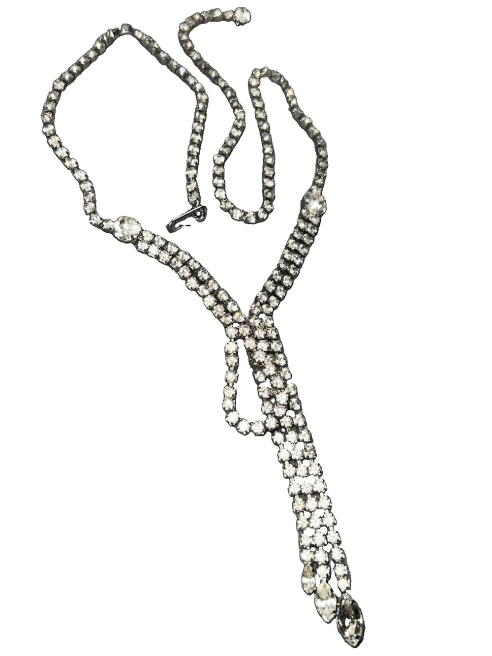 Vintage Silver Rhinestone Crystal Drop Lariat Hoop Y-Necklace